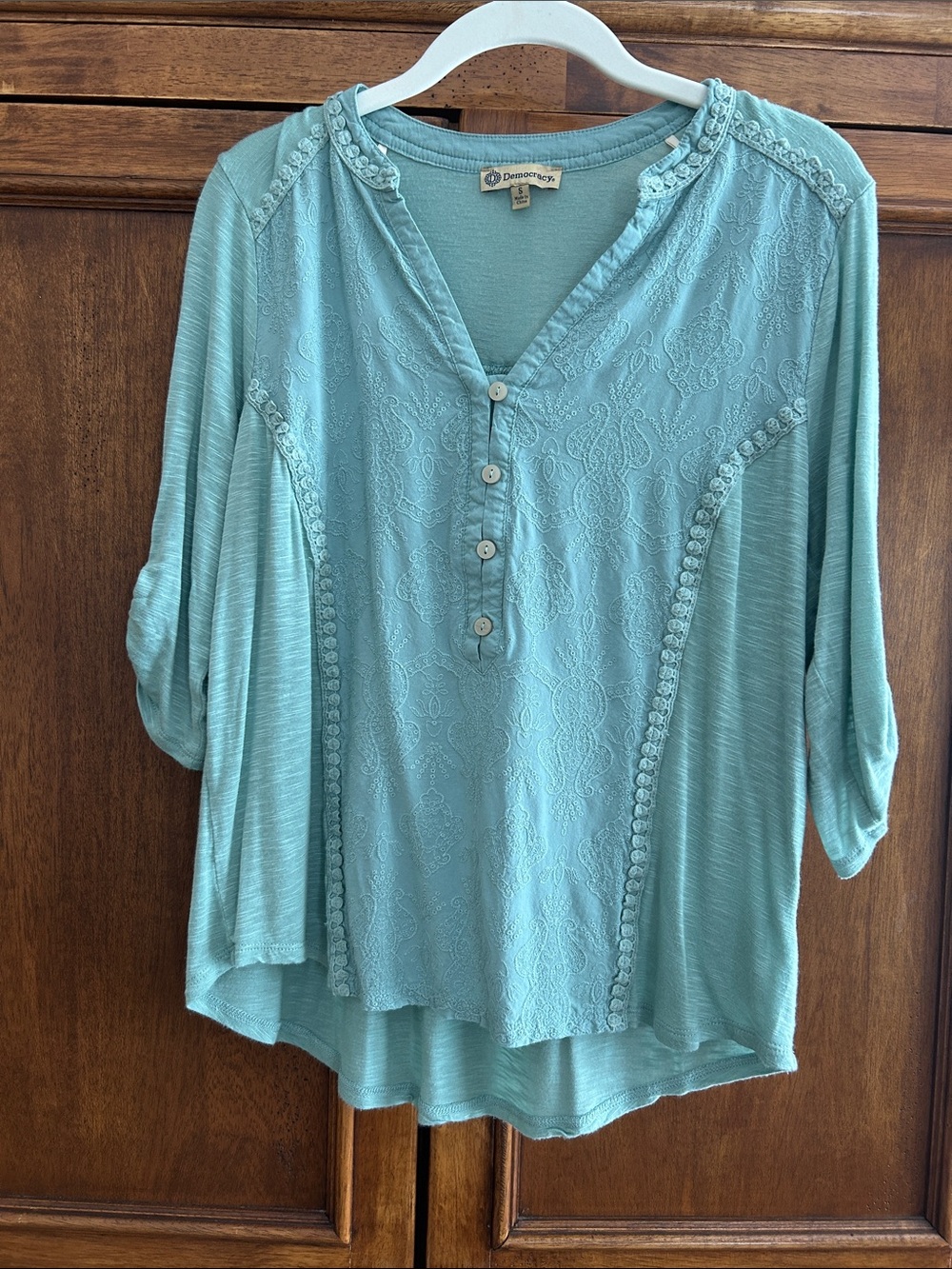 Democracy Teal Lace-Accent Henley Tunic